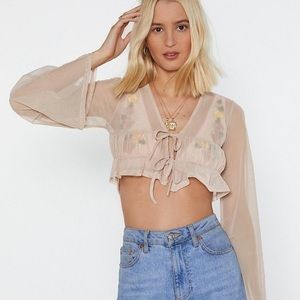 NWOT Nasty Gal | Beautiful sheer nude flared sleeve mesh crop top blouse